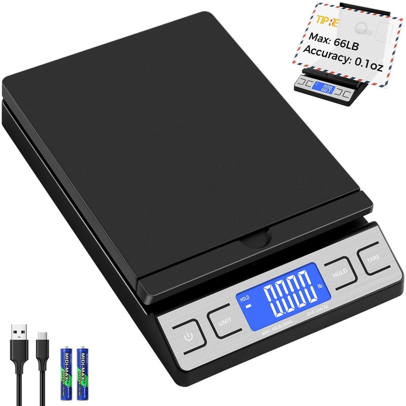 TIPRE Digital Shipping Postal Scale, Mail Scale with Envelope Flip Holder, 66lb/0.1oz Postage Scale for Package, Small Business, Post Office, Hold&Tare Function, Battery&Type-C Charging Cable - Black - Image 1